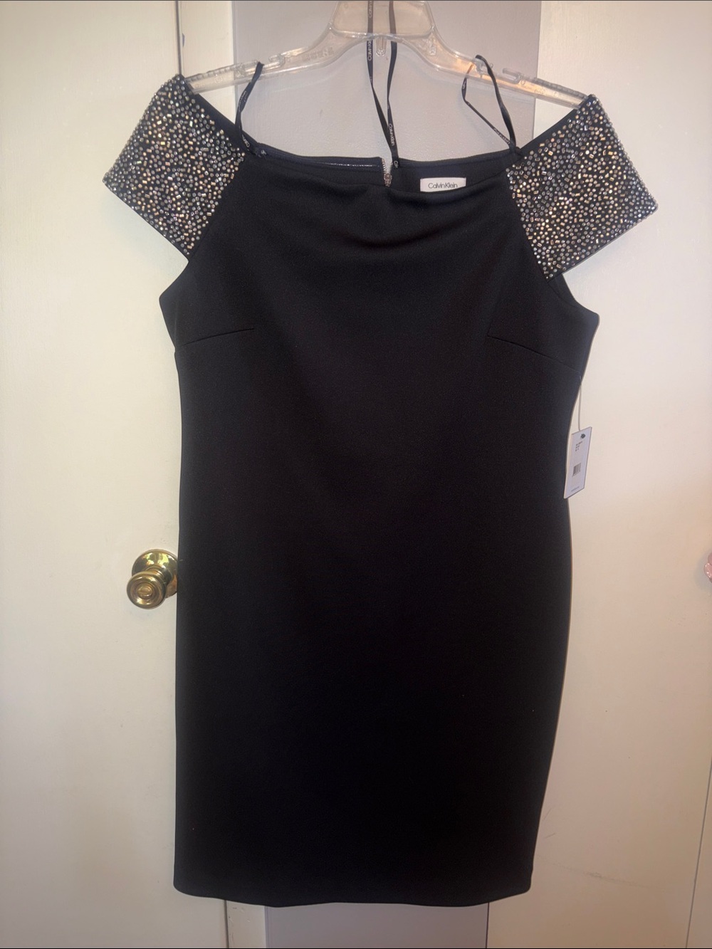 Calvin Klein Black  Cocktail Dress with Beaded Sleeves